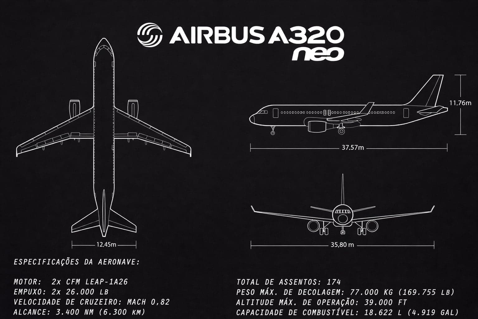 Ficha técnica de un avión en portugués