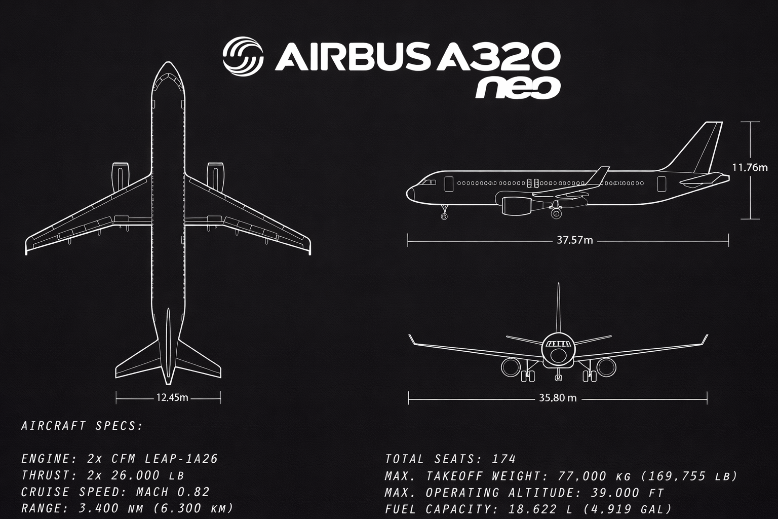 Original spec sheet of an aircraft with top, side and front line drawings, dimensions and a list of specifications in English