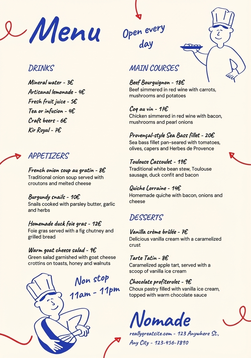 The same menu translated into English, with the same layout and illustrations