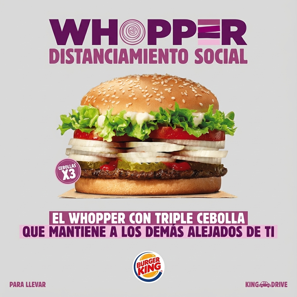 The same ad in Spanish, with the headline "Whopper distanciamiento social" and the tagline "El Whopper con triple cebolla que mantiene a los demás alejados de ti"